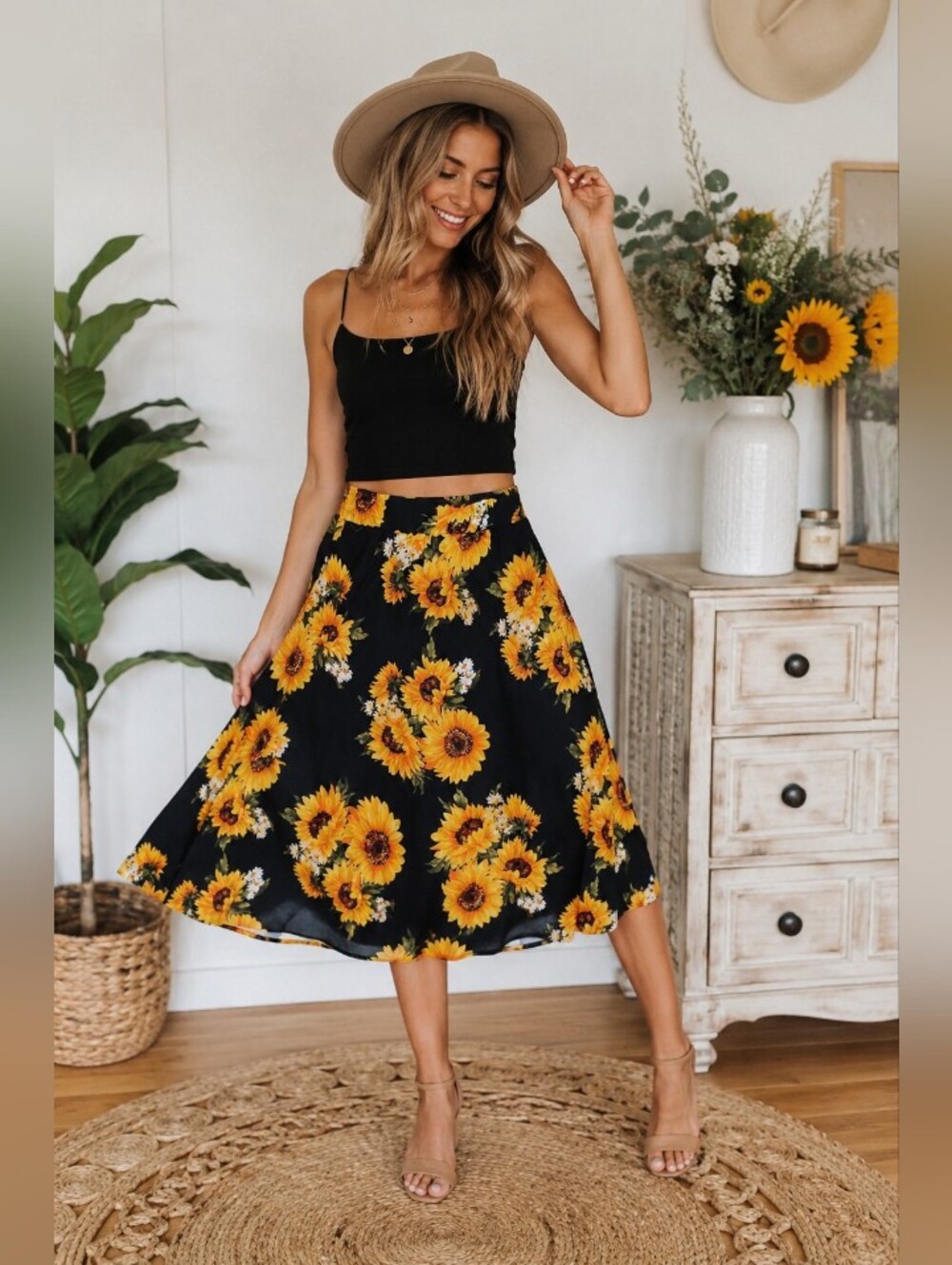 Boho Sunflower A-Line Skirt Cottagecore Festival Style